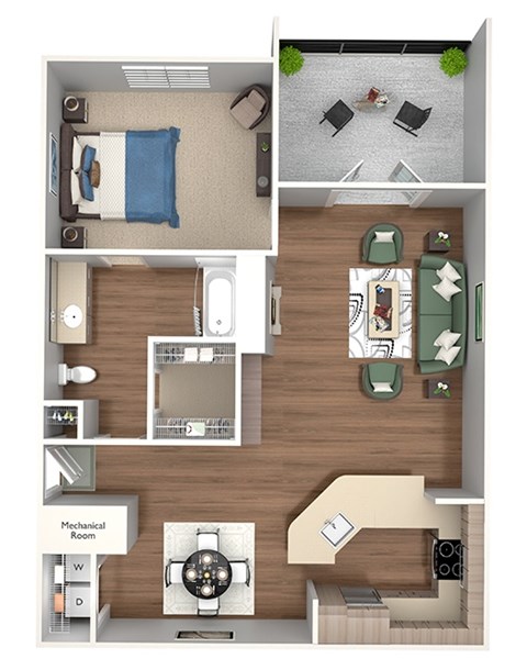 Floor plan for 1 bed, 1 bath, 829 sqft